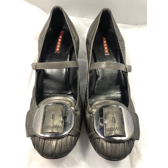 Prada Silver Leather Buckle Stacked Block Heel - Picture 1 of 13